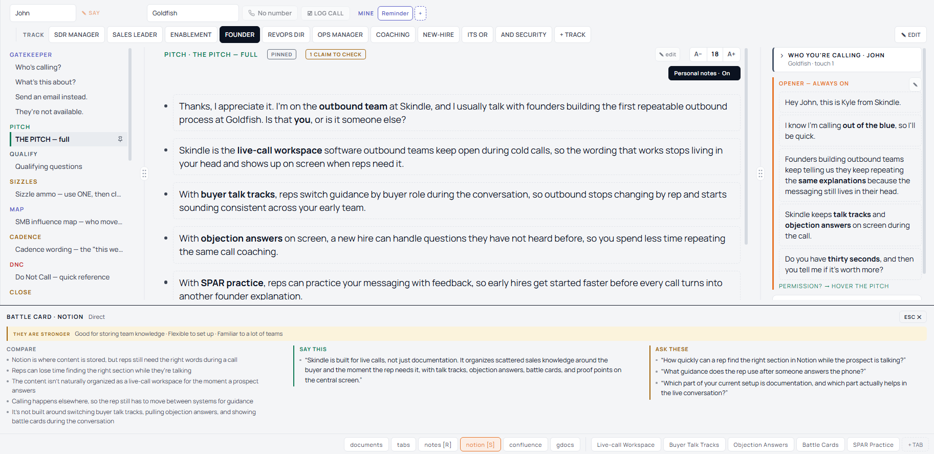 Skindle Founder call screen with a competitor battle card expanded beneath the talk track