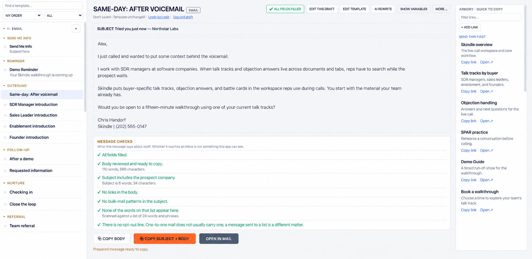 Skindle message studio with a completed follow-up email ready to send