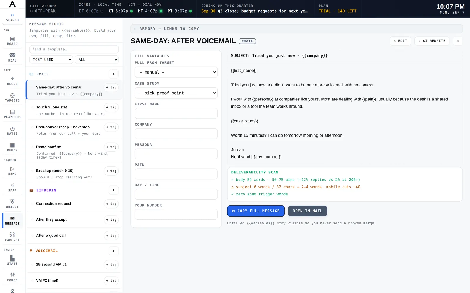 The message studio with templates and merge fields
