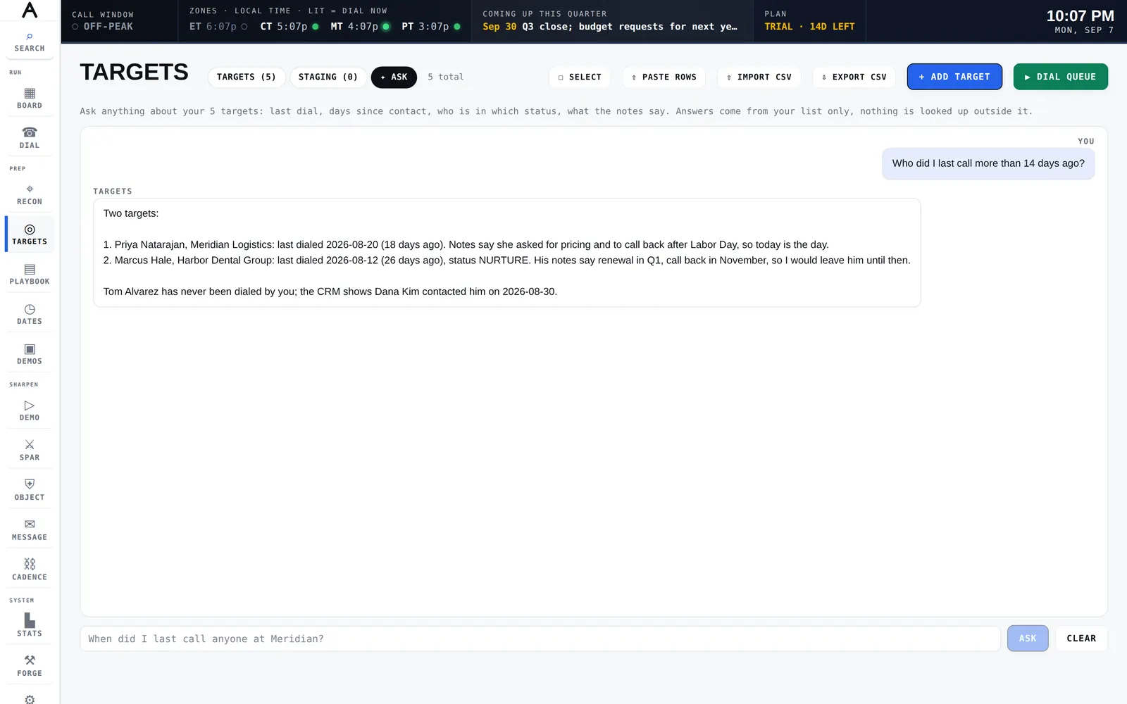TARGETS with the ASK panel answering which targets were last called more than 14 days ago