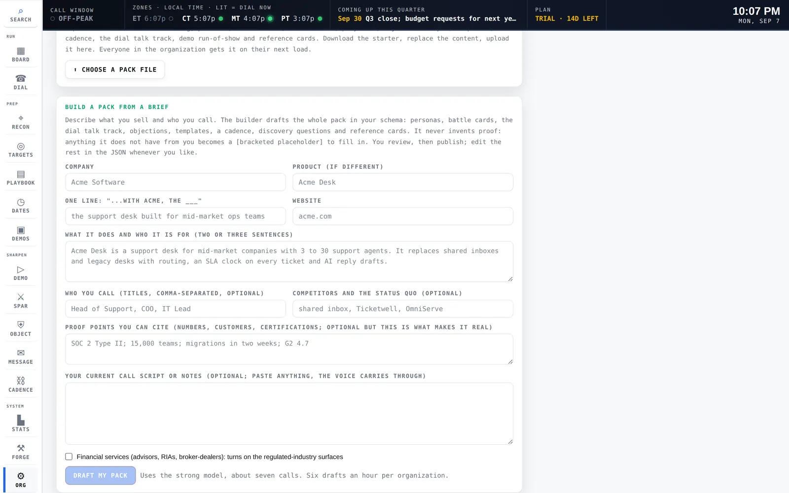 The pack builder form in the organization settings
